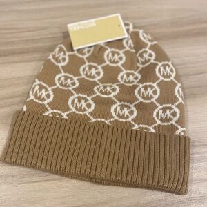 Michael Michael Kors Ladies MK Monogram Beanie Hat In Camel/Ivory One Size NWT